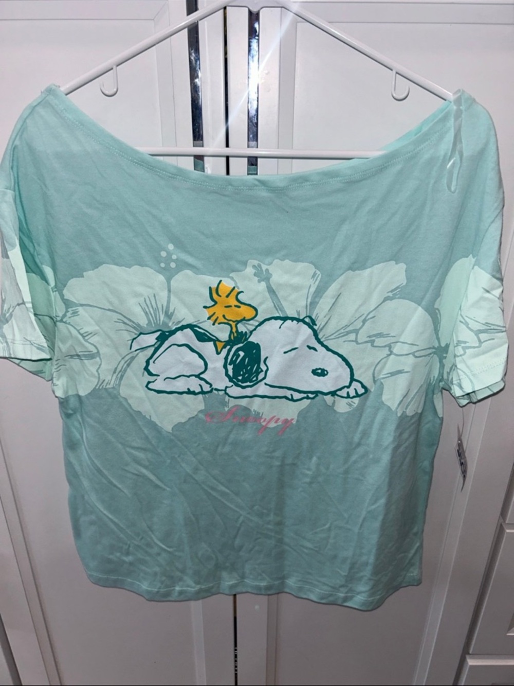 Peanuts Mint Green Snoopy & Woodstock Oversized Off Shoulder Tee Size Small
